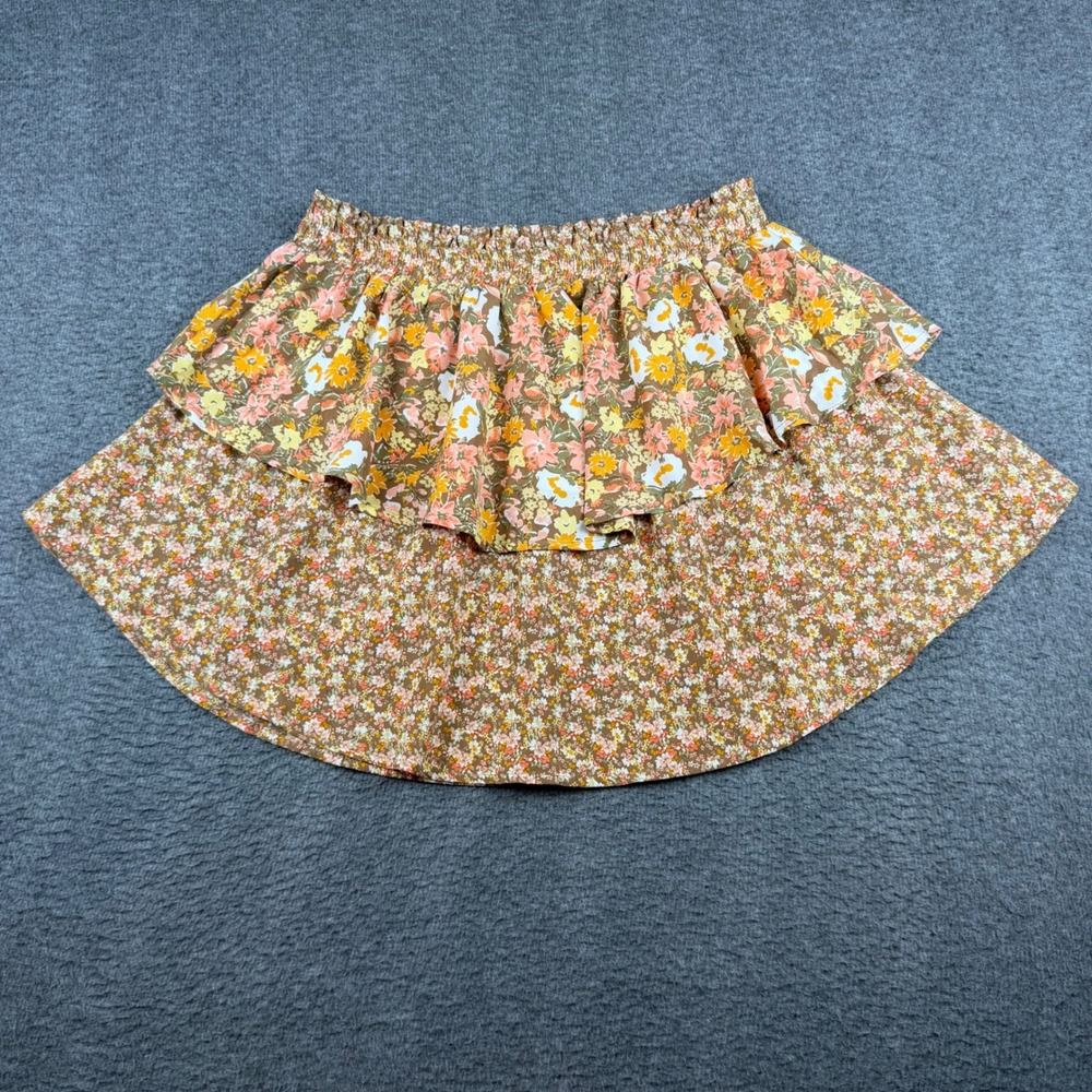 Sienna Sky Ruffle Mini Skirt Women's L Brown Floral Smocked Tiered 02CS258 - Picture 1 of 7